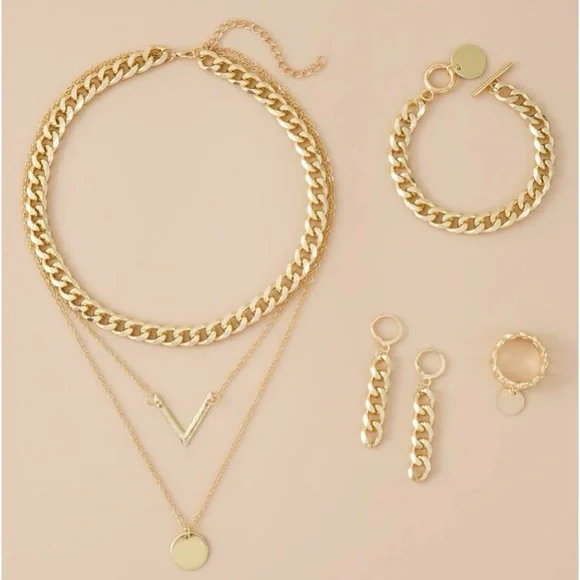 Gold Chunky 'Carrie' Chain Link Layering Set-Necklace, Earrings, Ring, B… - Picture 3 of 6